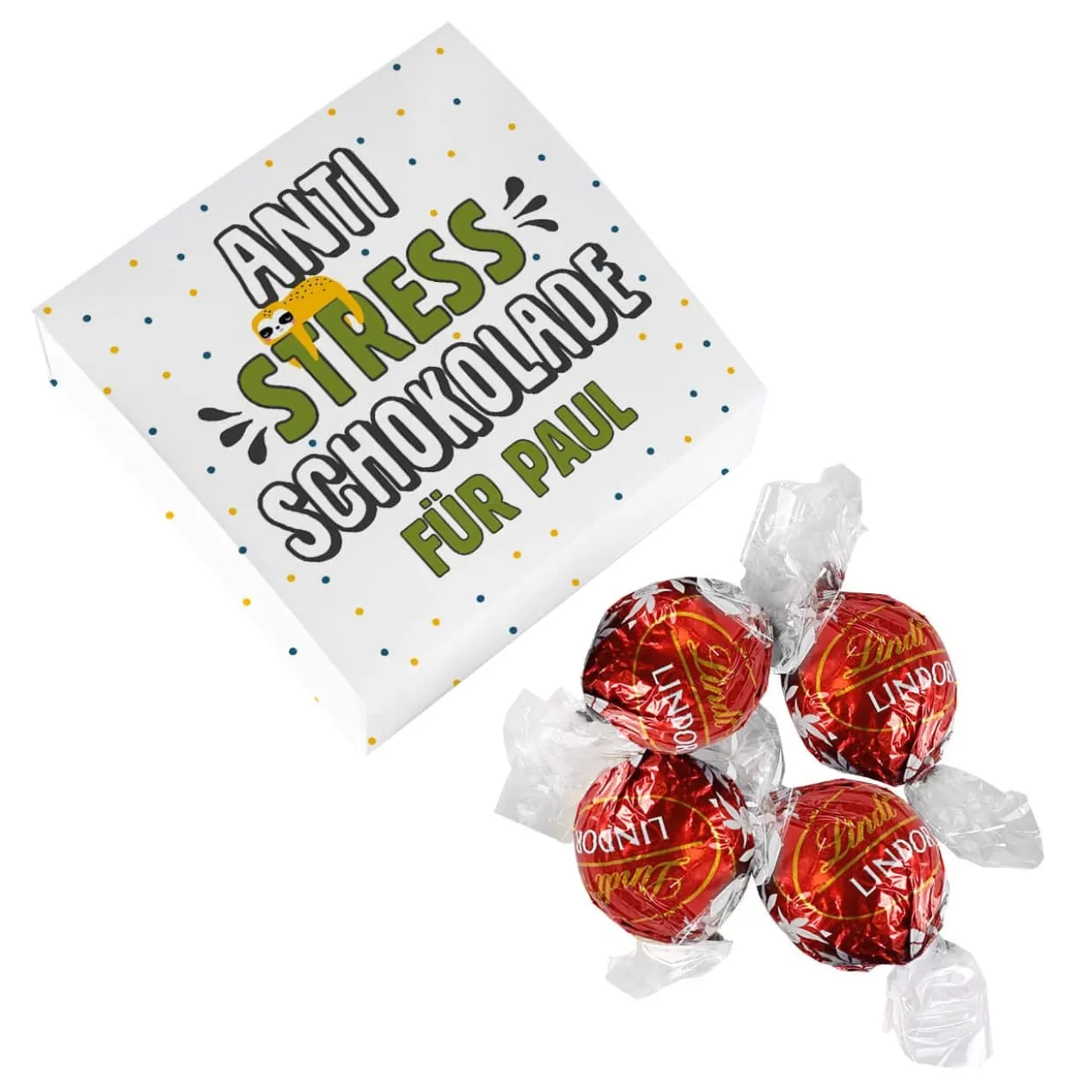 Anti Stress Schokolade - 4 Lindorkugeln in personalisierter Verpackung