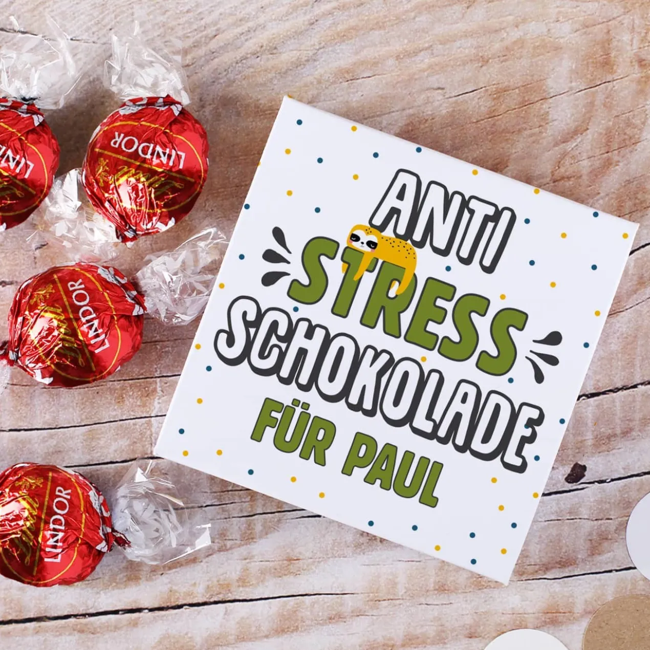 Anti Stress Schokolade - 4 Lindorkugeln in personalisierter Verpackung