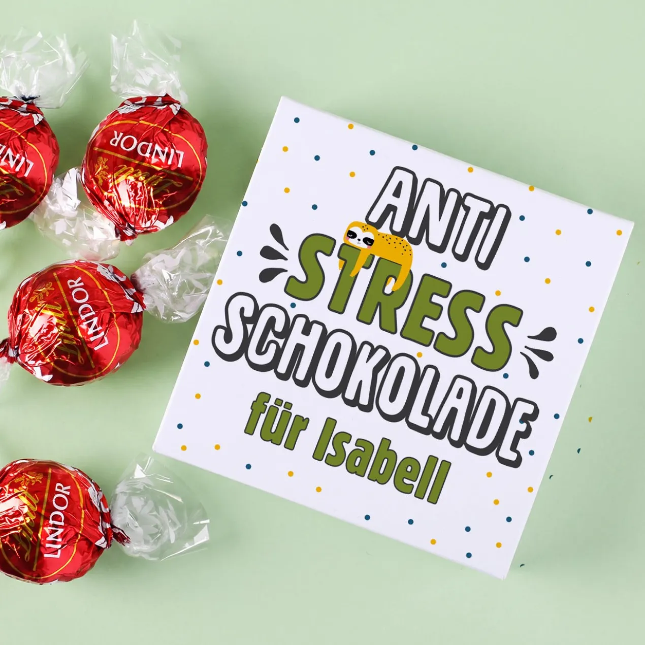 Anti Stress Schokolade - 4 Lindorkugeln in personalisierter Verpackung