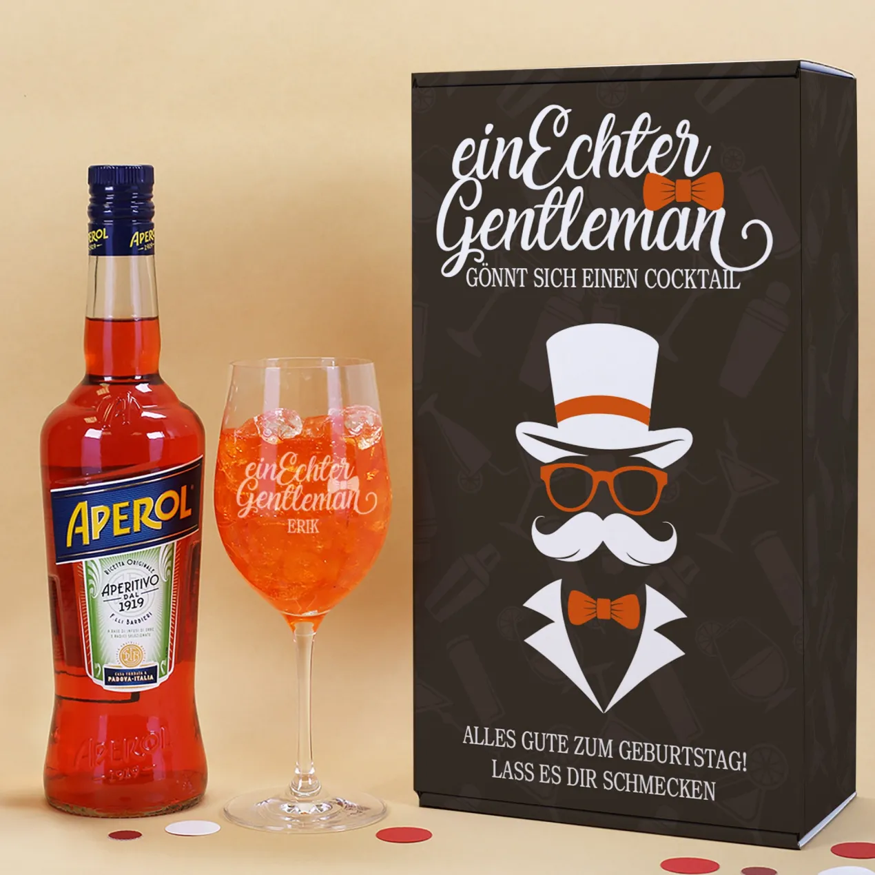 Aperol Geschenkset 'Ein echter Gentleman' mit Aperitifglas - personalisiert mit Name und Wunschtext