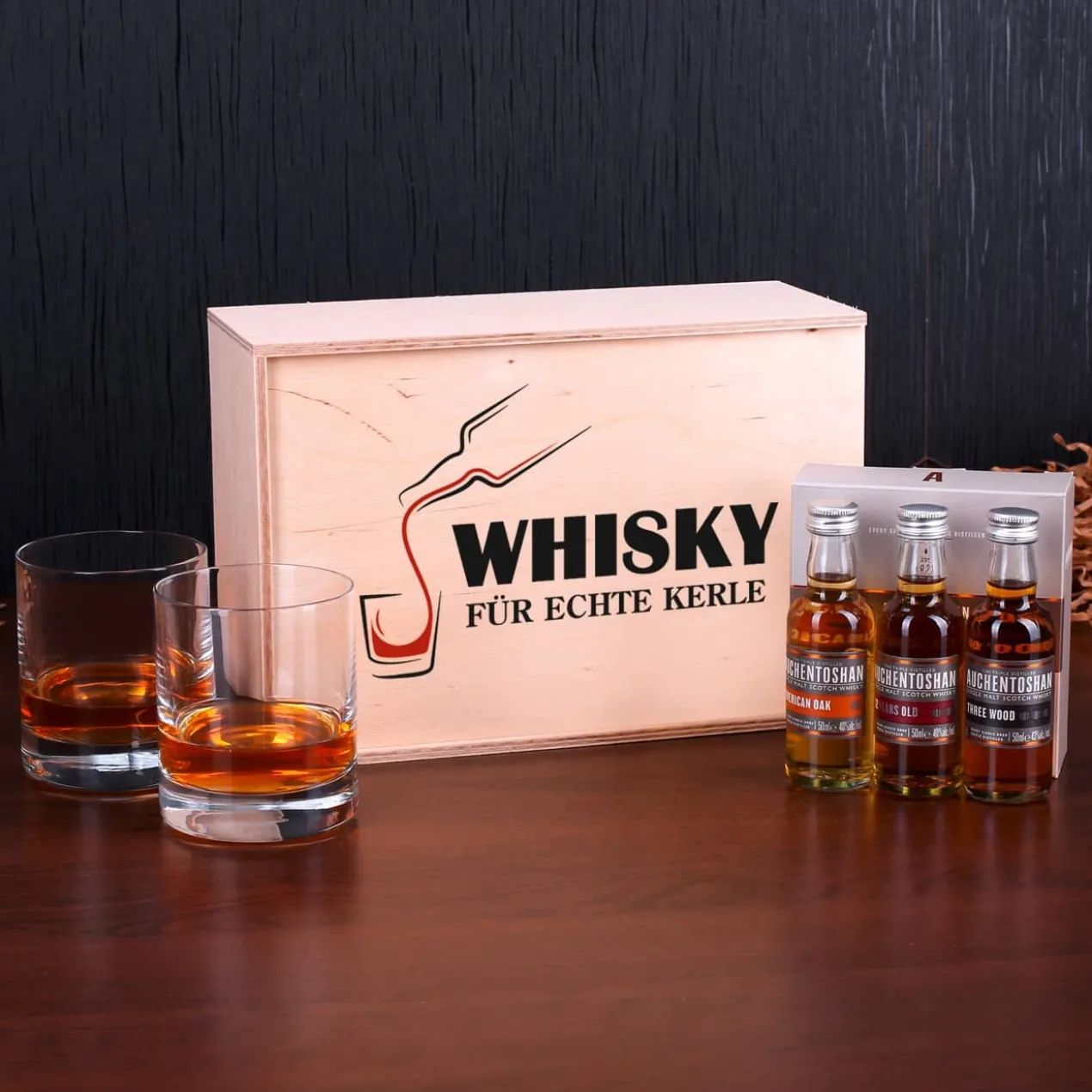 Auchentoshan Whisky für echte Kerle in bedruckter Holzkiste mit 2 Whiskygläser