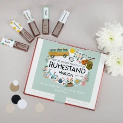 Aufkleberset zum Ruhestand mit Name und Wunschtexten für Merci Schokolade