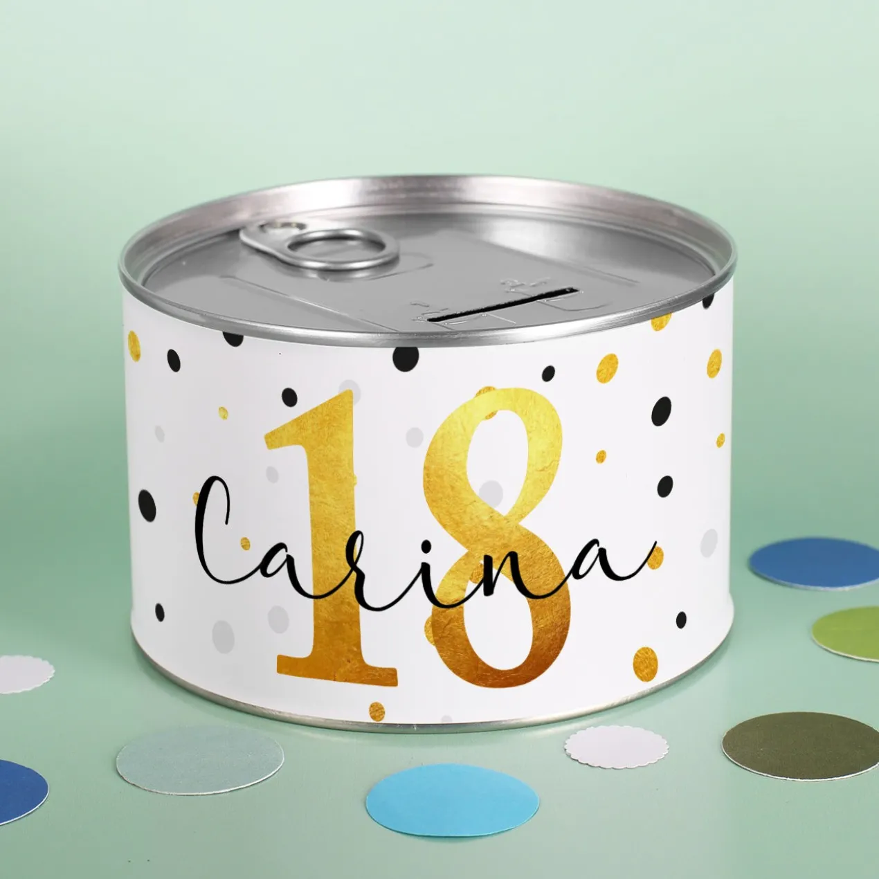 Aufreißspardose zum Geburtstag mit Name und Alter