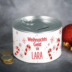 Aufreißspardose zu Weihnachten mit Zuckerstangenmotiv Ihrem Wunschnamen bedruckt