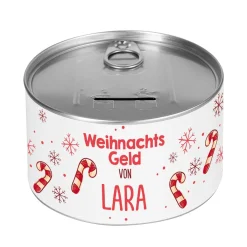 Aufreißspardose zu Weihnachten mit Zuckerstangenmotiv Ihrem Wunschnamen bedruckt