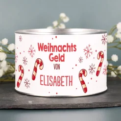 Aufreißspardose zu Weihnachten mit Zuckerstangenmotiv Ihrem Wunschnamen bedruckt