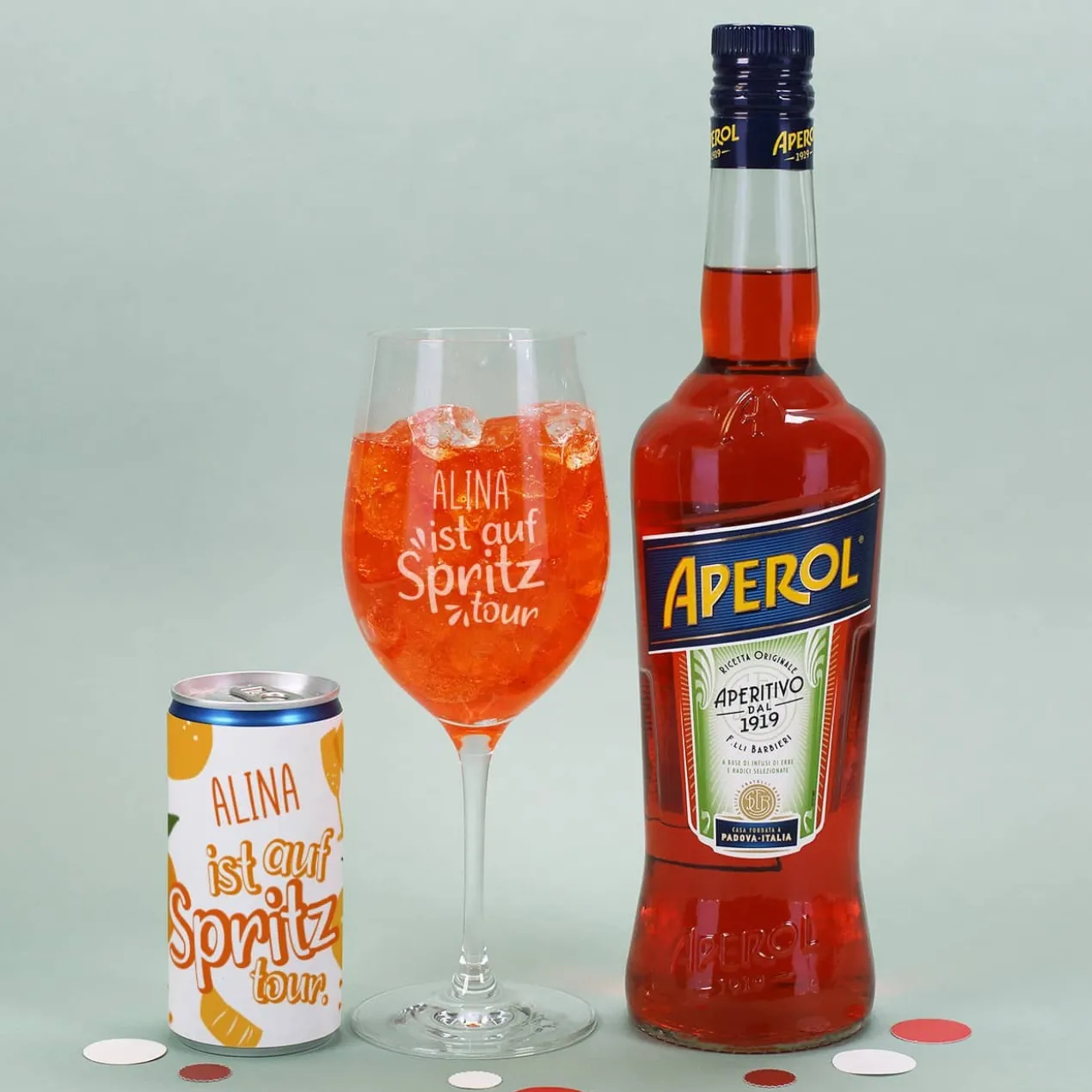 Auf Spritztour - Aperol Geschenkset mit Weinglas, Aperol und Seccodose