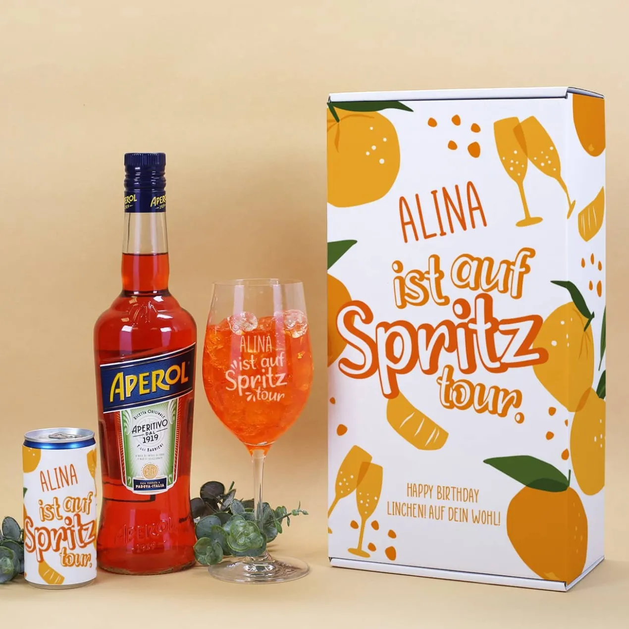 Auf Spritztour - Aperol Geschenkset mit Weinglas, Aperol und Seccodose