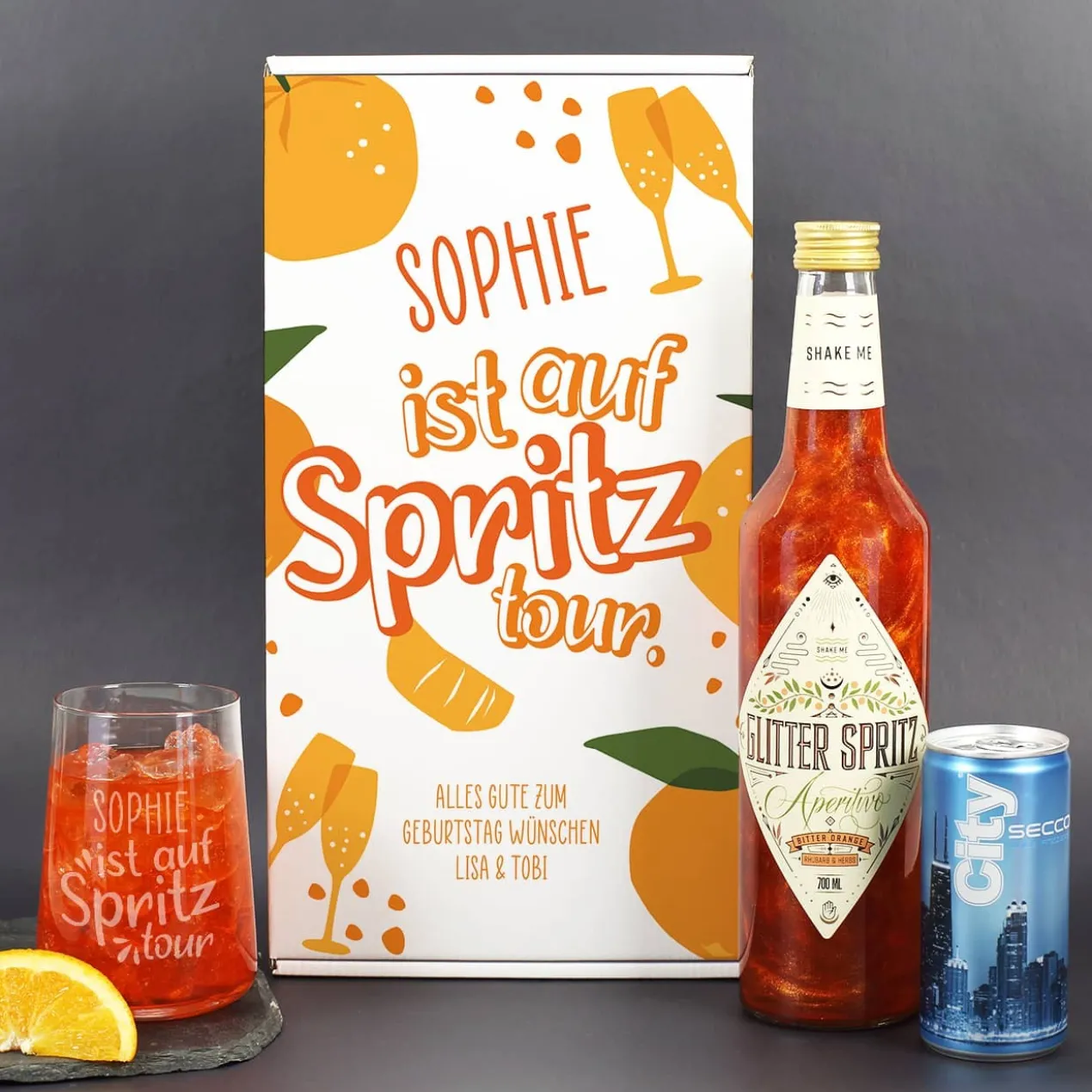 Auf Spritztour - Glitter Spritz Set mit Glas, Secco und Geschenkbox