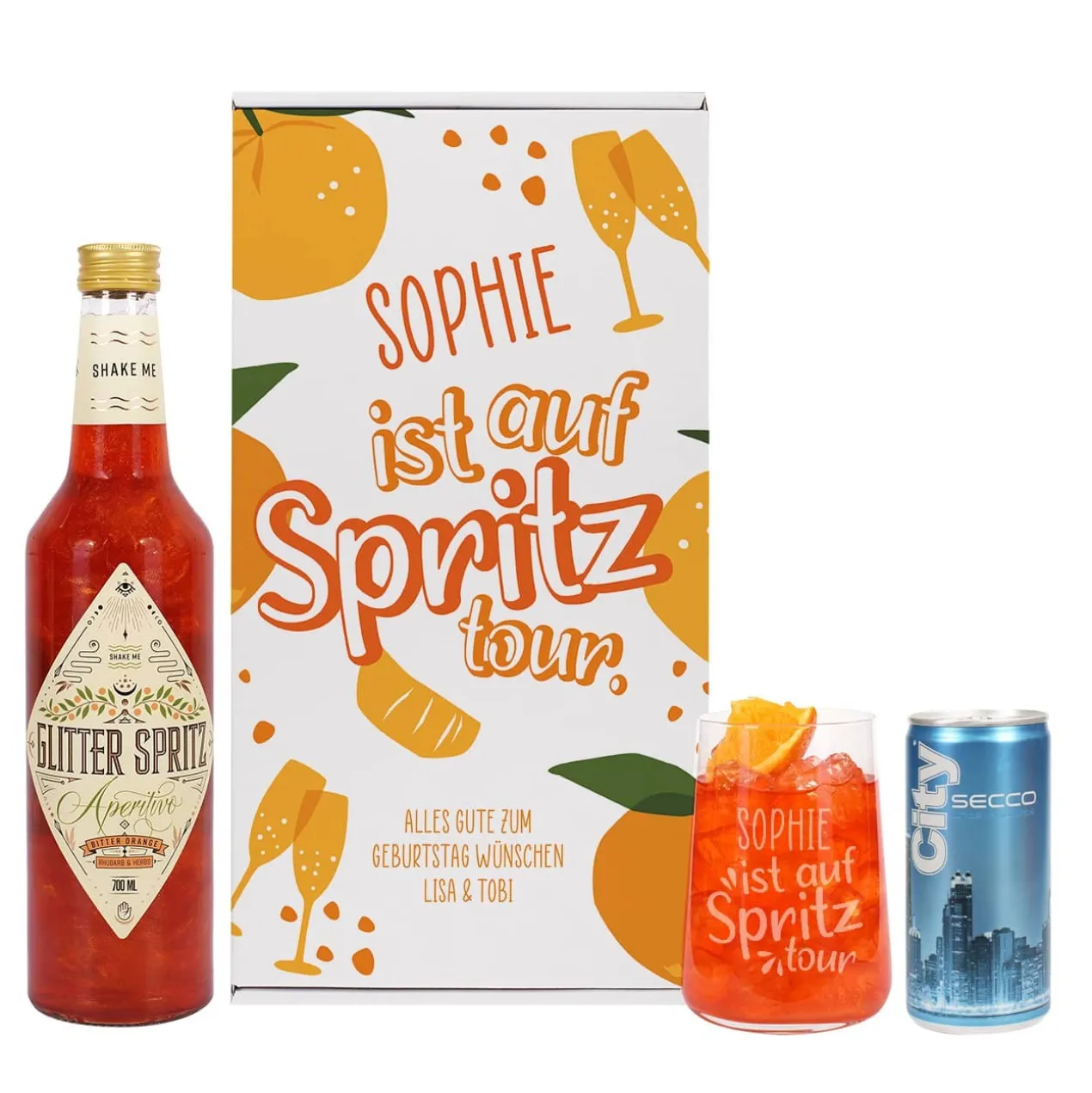 Auf Spritztour - Glitter Spritz Set mit Glas, Secco und Geschenkbox