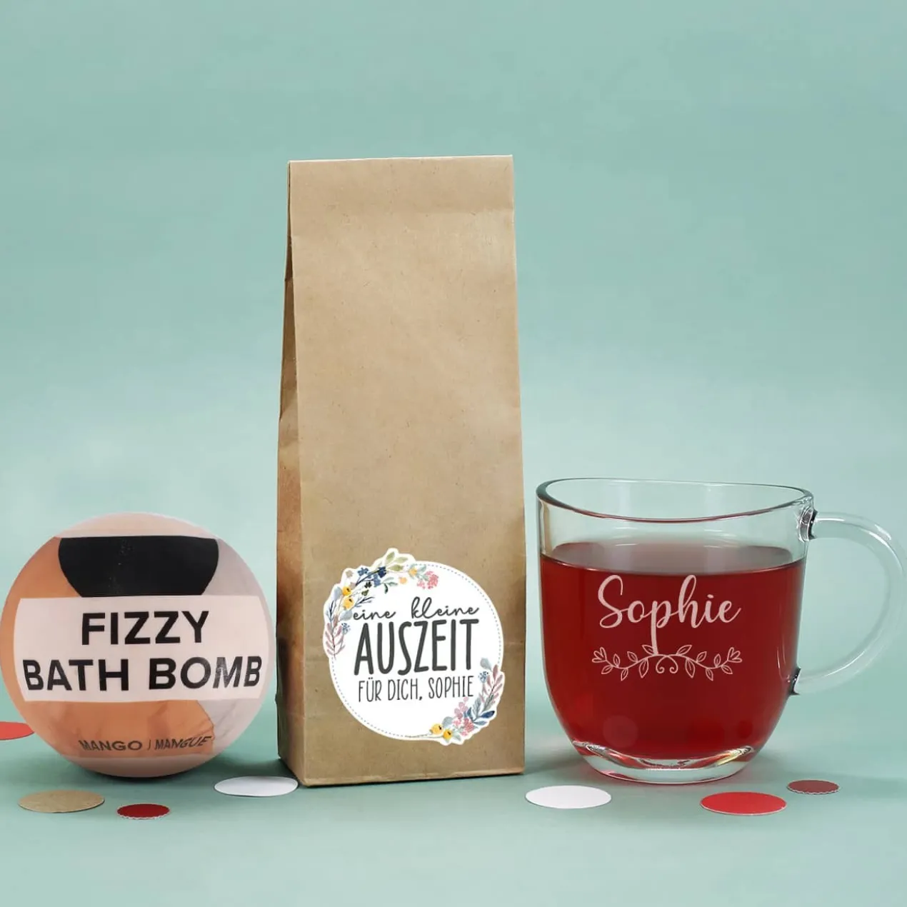 Auszeit Geschenkset mit Teeglas, Tee und Badebombe