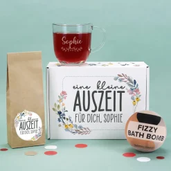 Auszeit Geschenkset mit Teeglas, Tee und Badebombe