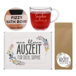 Auszeit Geschenkset mit Teeglas, Tee und Badebombe