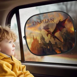 Auto-Sonnenschutz für Kinder mit Drache und Name gestaltet