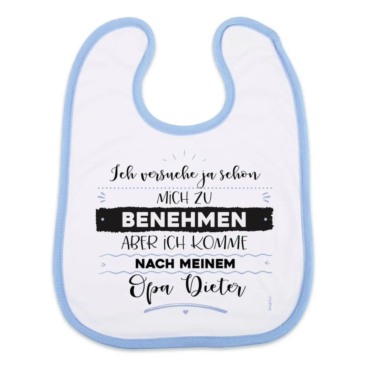 Baby Lätzchen in weiß/blau mit Ihrem Spruch persönlich bedruckt
