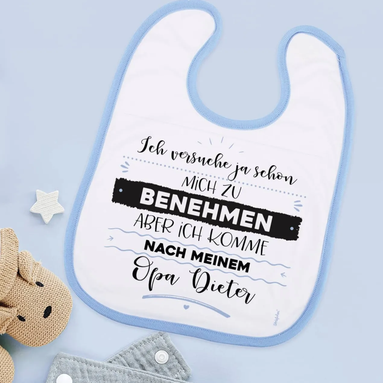 Baby Lätzchen in weiß/blau mit Ihrem Spruch persönlich bedruckt