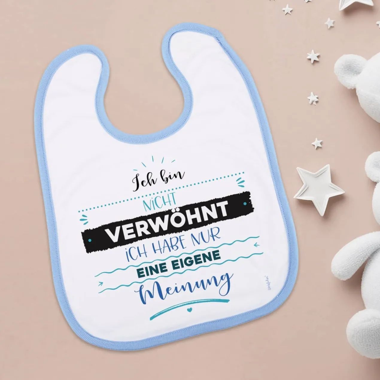 Baby Lätzchen in weiß/blau mit Ihrem Spruch persönlich bedruckt
