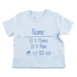 Babyshirt in blau mit Name und lustiger Waschanleitung
