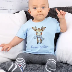 Babyshirt in blau mit niedlichem Rentier und Wunschtext