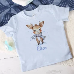 Babyshirt in blau mit niedlichem Rentier und Wunschtext