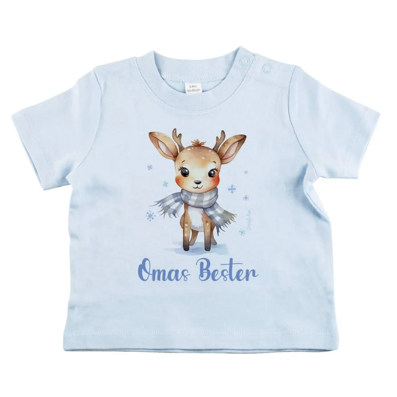 Babyshirt in blau mit niedlichem Rentier und Wunschtext