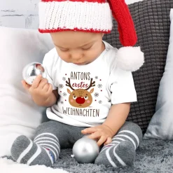 Baby T-Shirt - erstes Weihnachten - mit Name und niedlichem Rentiermotiv