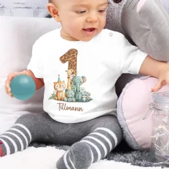 Baby T-Shirt - Geburtstagshirt - mit großer 1, Wildtieren und Name