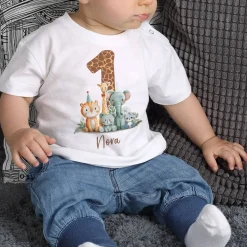 Baby T-Shirt - Geburtstagshirt - mit großer 1, Wildtieren und Name
