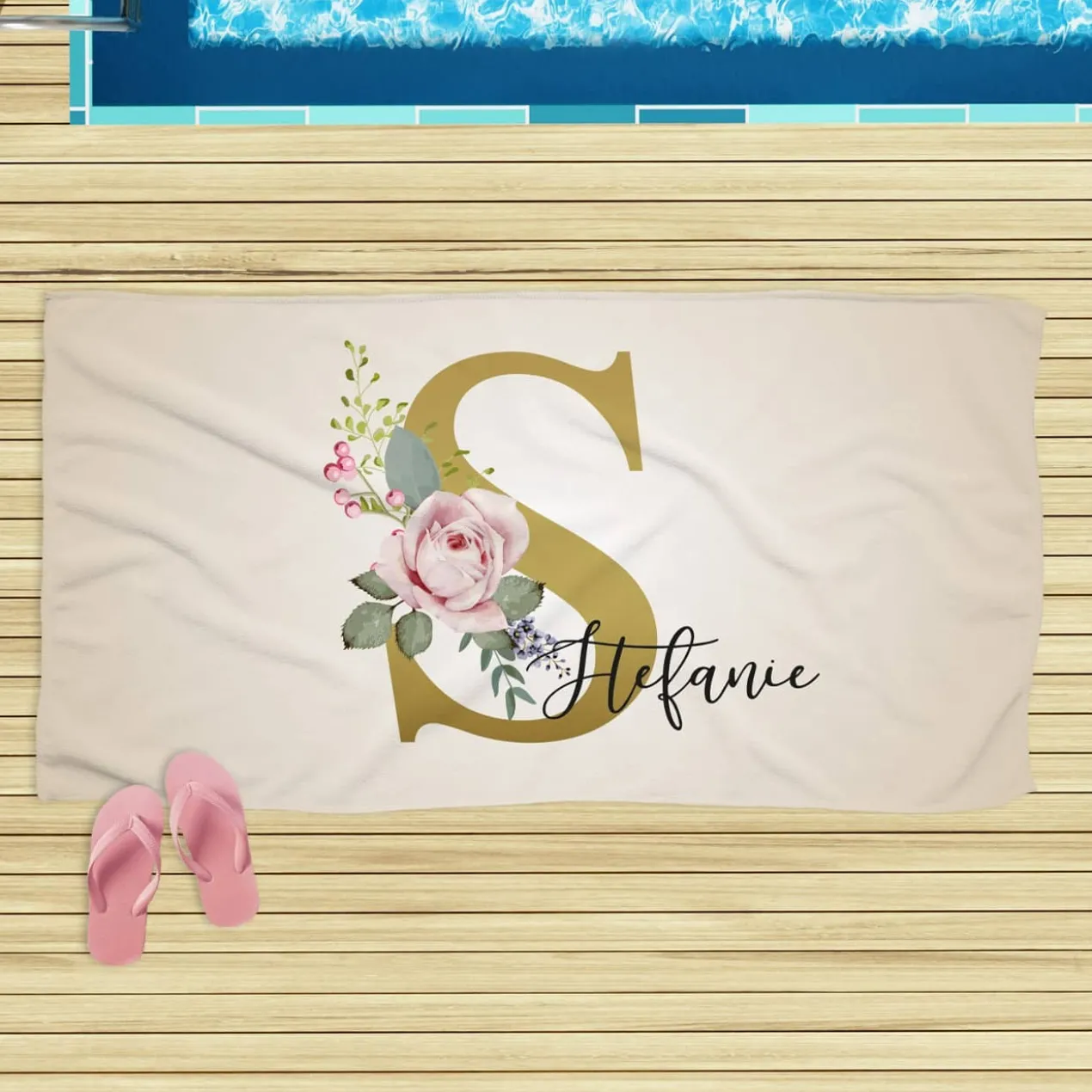Badetuch mit Rosen-Monogramm und Name, 180x100cm