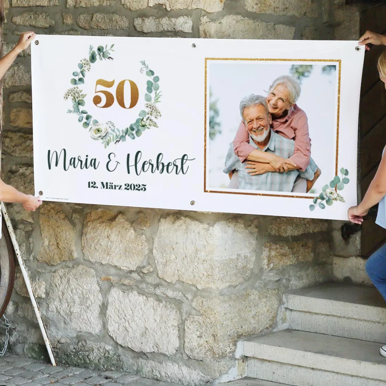 Banner zur Goldenen Hochzeit mit Eukalyptuskranz, Namen & Datum