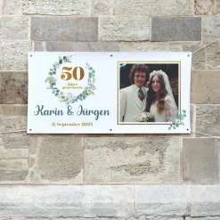 Banner zur Goldenen Hochzeit mit Eukalyptuskranz, Namen & Datum