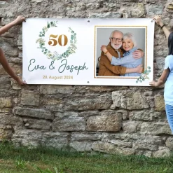 Banner zur Goldenen Hochzeit mit Eukalyptuskranz, Namen & Datum