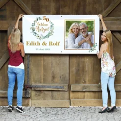 Banner zur Goldenen Hochzeit mit Eukalyptuskranz, Namen & Datum