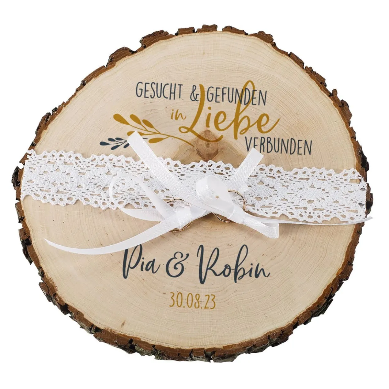Baumscheibe - Gesucht & Gefunden - als Ringkissen zur Hochzeit mit Namen und Datum