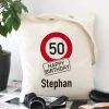 Baumwollbeutel zum Geburtstag mit Achtung-Verkehrszeichen, Alter und Name