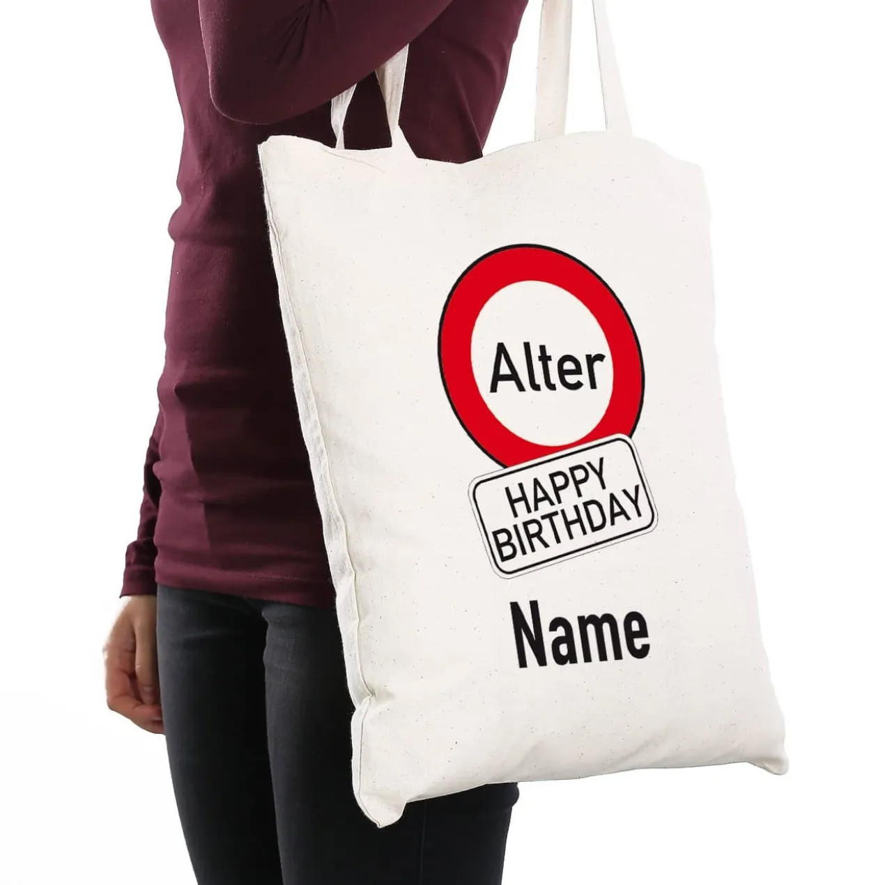 Baumwollbeutel zum Geburtstag mit Achtung-Verkehrszeichen, Alter und Name