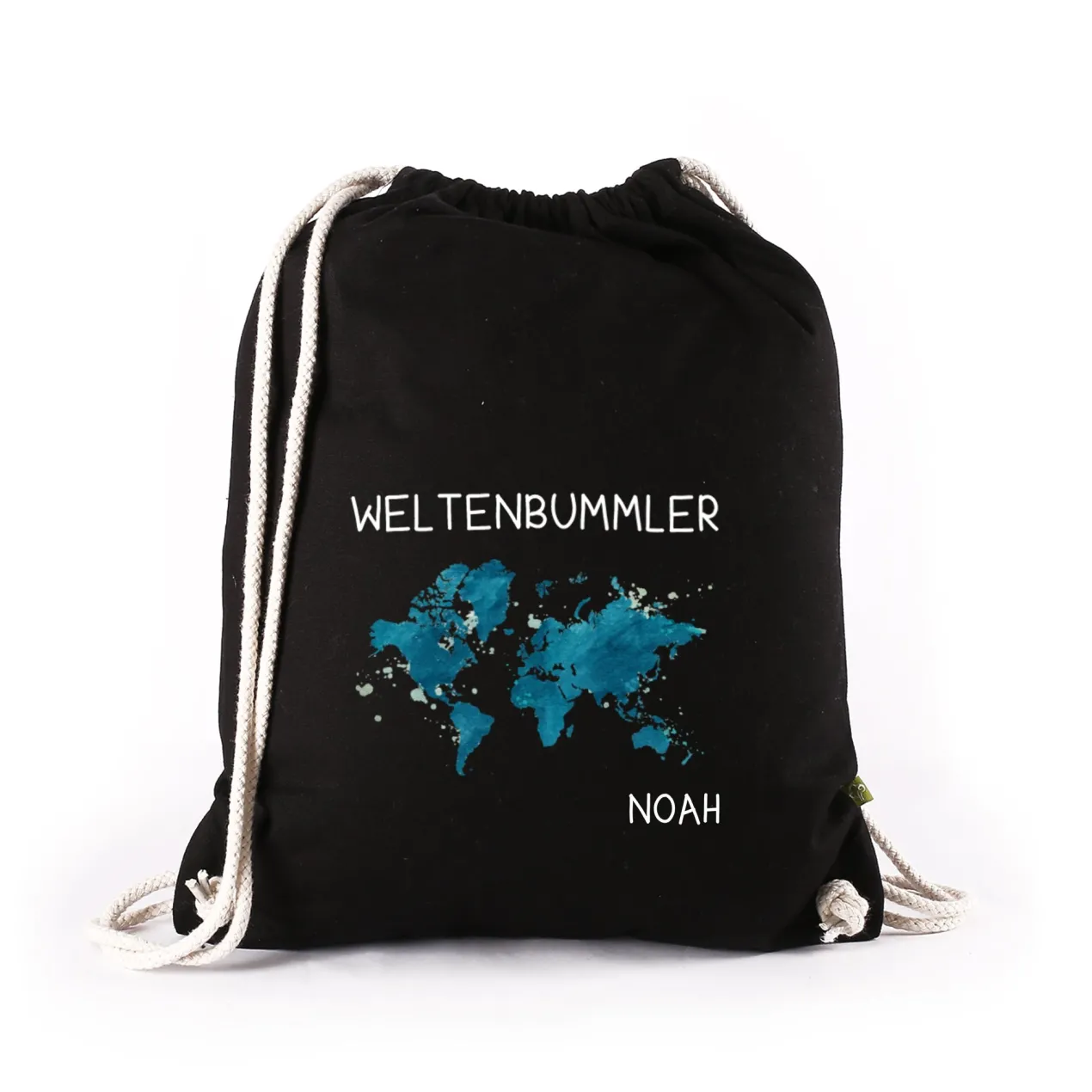 Baumwoll-Sportbeutel für Weltenbummler mit Namen in Schwarz