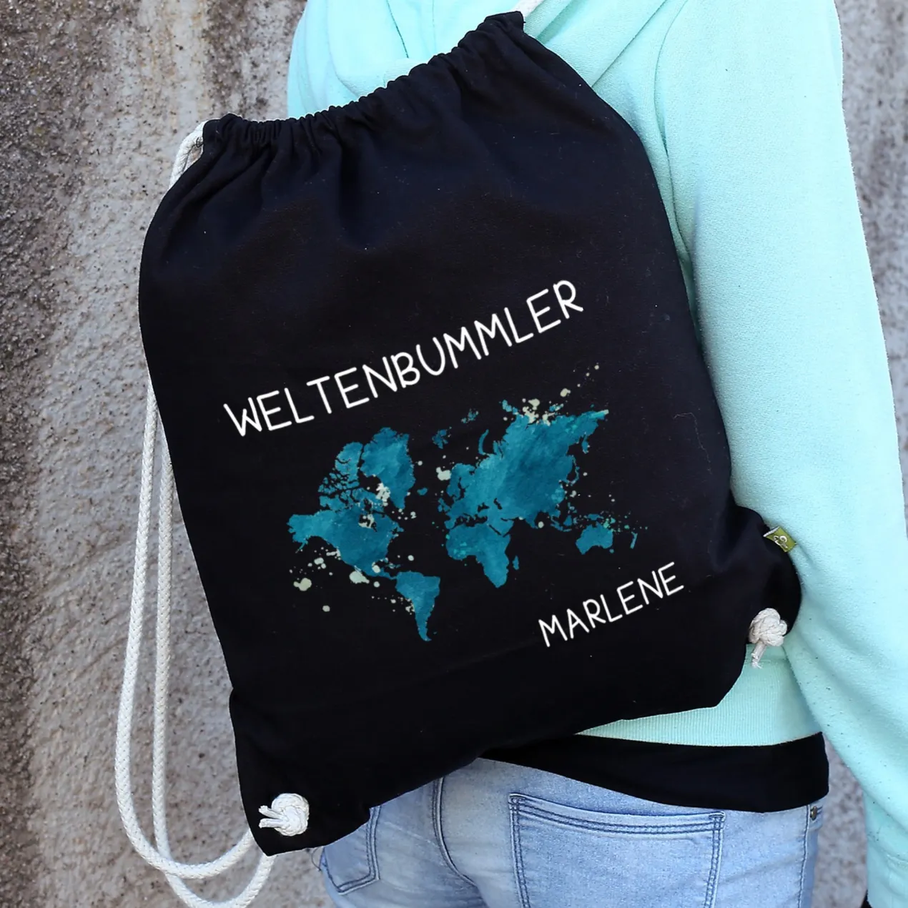 Baumwoll-Sportbeutel für Weltenbummler mit Namen in Schwarz