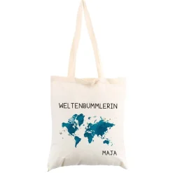 Baumwolltasche für Weltenbummler mit Weltkarte und Name