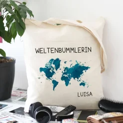 Baumwolltasche für Weltenbummler mit Weltkarte und Name