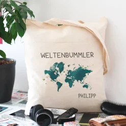 Baumwolltasche für Weltenbummler mit Weltkarte und Name
