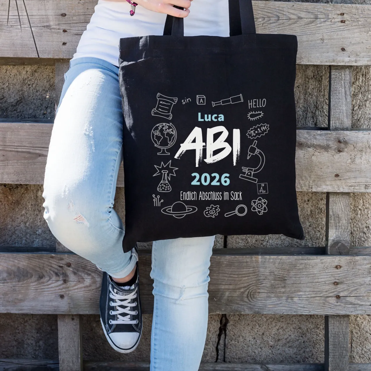 Baumwolltasche zum bestandenen Abitur mit Name, Jahr und Wunschtext