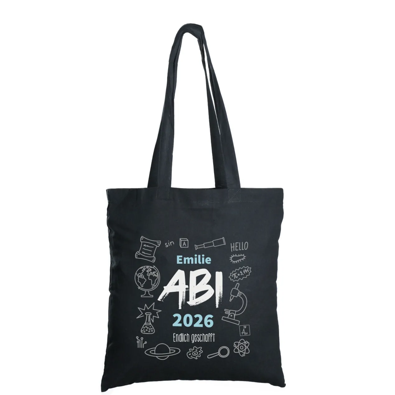 Baumwolltasche zum bestandenen Abitur mit Name, Jahr und Wunschtext