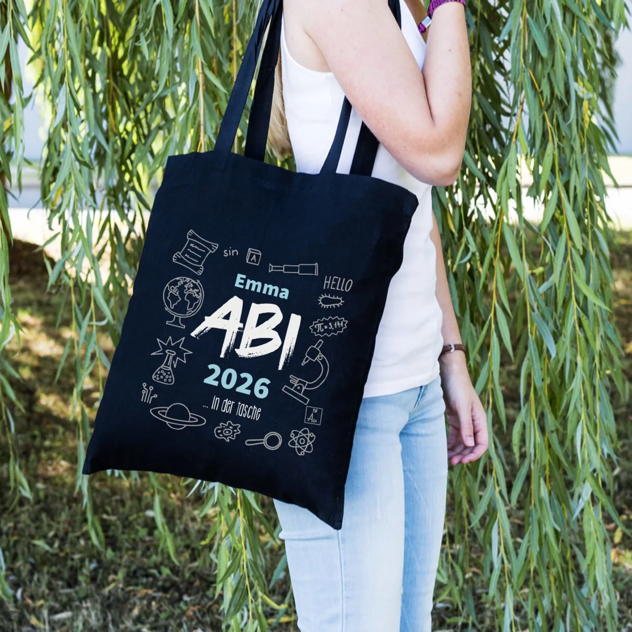 Baumwolltasche zum bestandenen Abitur mit Name, Jahr und Wunschtext