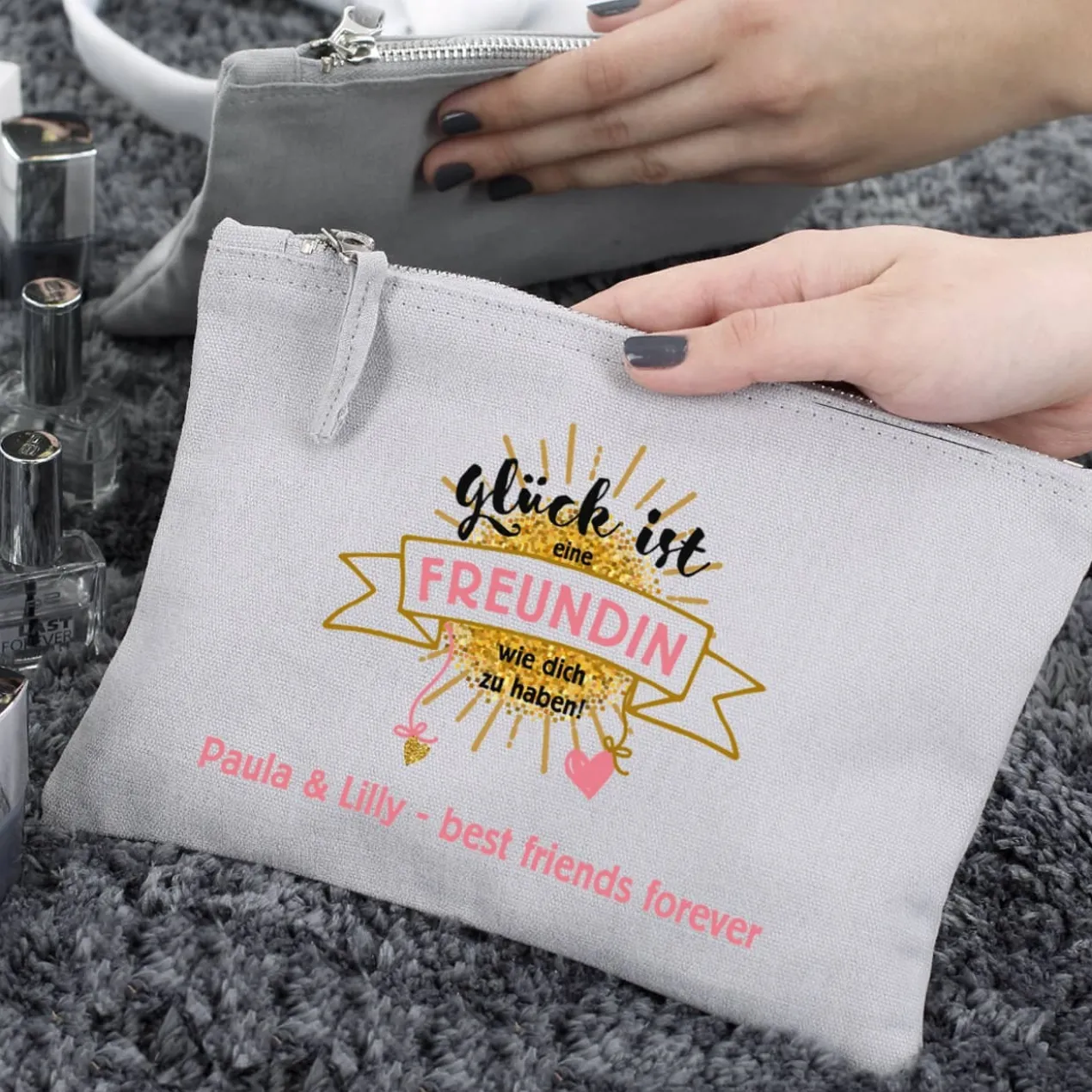 Beautycase mit Wunschtext - Glück ist eine Freundin wie dich zu haben!