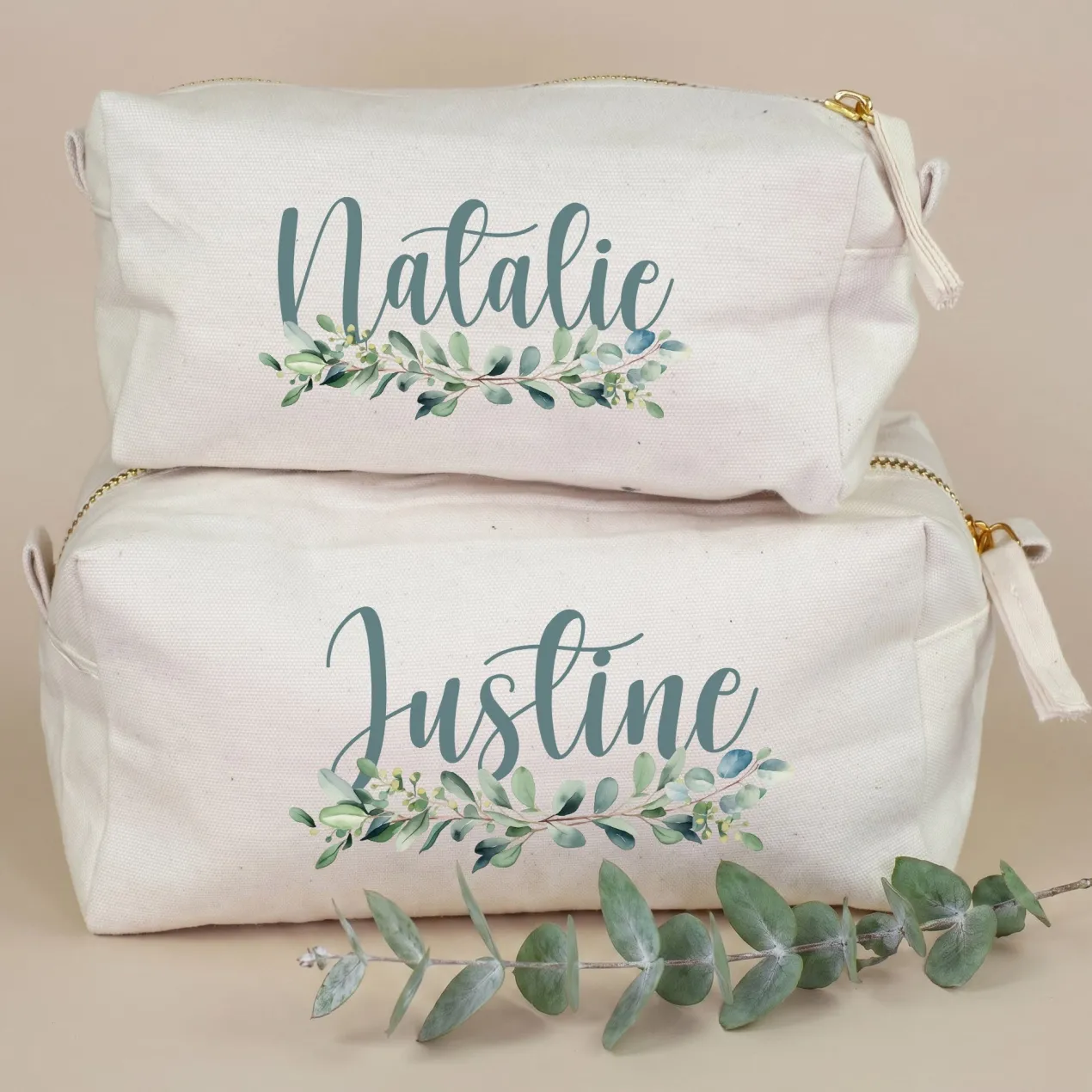 Beautycase & Schlampermäppchen mit Eukalyptus Motiv und Name personalisiert | Canvas Tasche 2 Größen