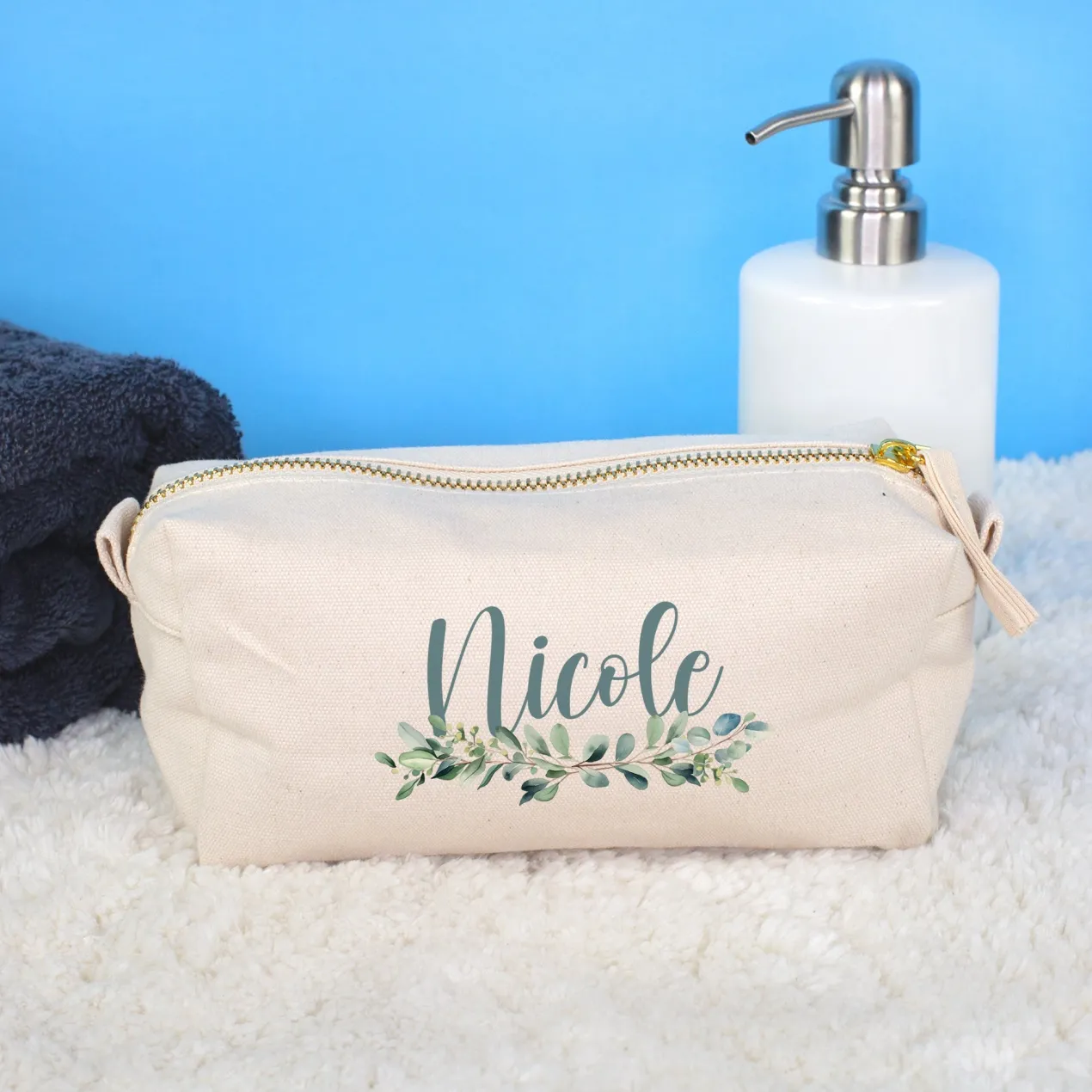 Beautycase & Schlampermäppchen mit Eukalyptus Motiv und Name personalisiert | Canvas Tasche 2 Größen