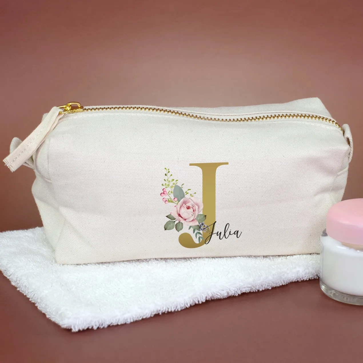 Beautycase & Schlampermäppchen mit Initiale und Name personalisiert | Kleine Tasche mit Blumen Motiv