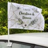 Bedruckte Autofahne zur Hochzeit mit Blüten, Namen und Datum