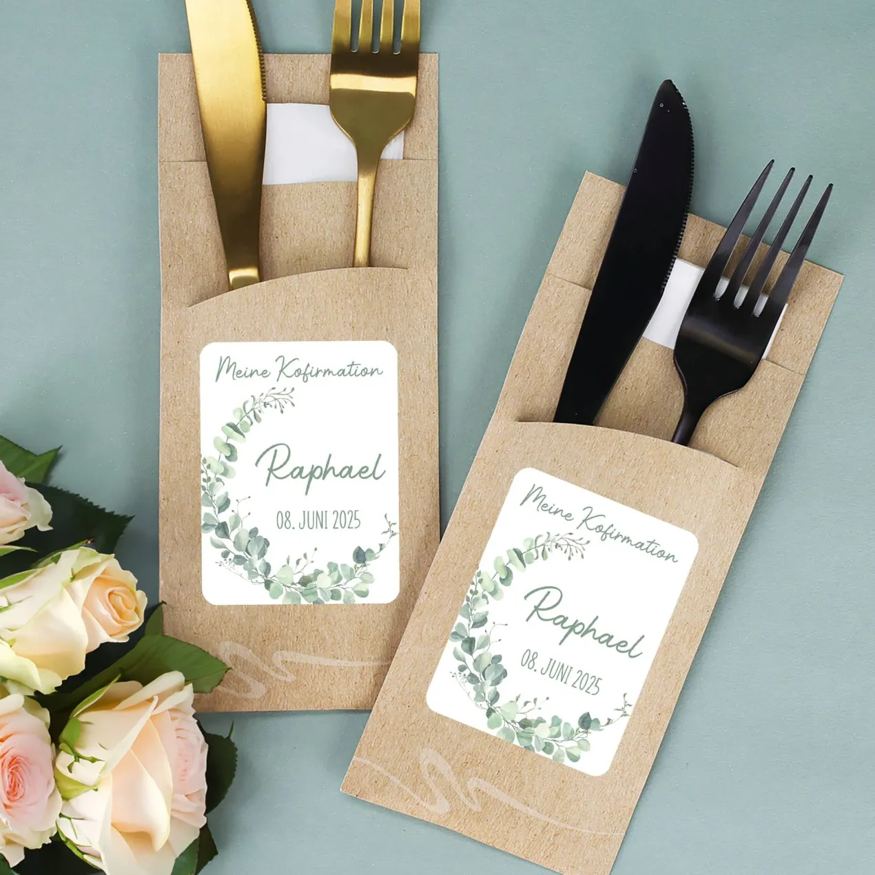 Bedruckte Bestecktaschen im 10-er Set zu besonderen Anlässen - Eukalyptus